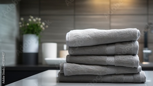 Soft towels organized by color in a contemporary laundry setting.