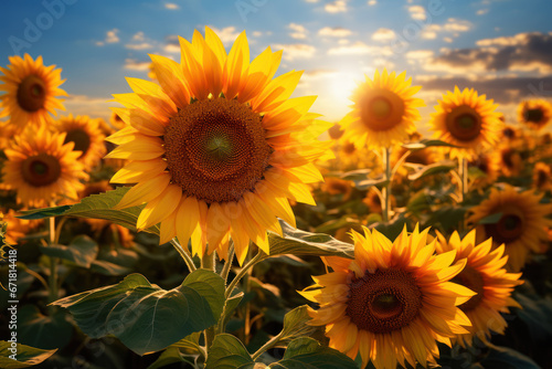A radiant field of sunflowers in full bloom, basking in the golden glow of a summer's day. Generative Ai.