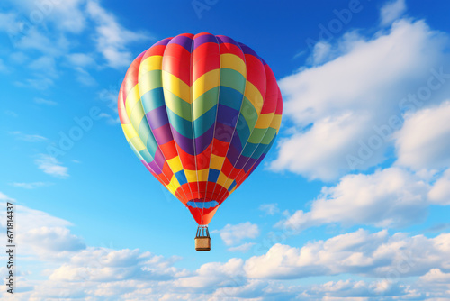 A close-up of a colorful hot air balloon floating gracefully against the backdrop of a clear  blue sky  reflecting the joy of ballooning. Generative Ai.