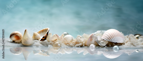 Azure beachscape with assortment of shells, pebbles, and ocean treasures