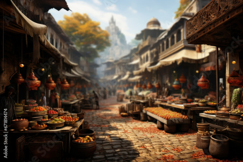 A bustling street market with vendors selling exotic spices, textiles, and crafts, immersing visitors in the vibrant culture of a foreign land. Generative Ai.