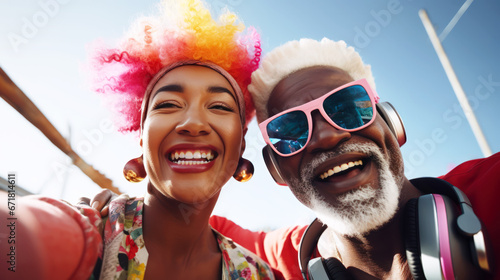 Middle aged multi-racial couple with multi-colored hair taking selfie in the city street