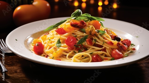  a close up of a plate of food with noodles and tomatoes on it with a fork and a candle in the background.  generative ai