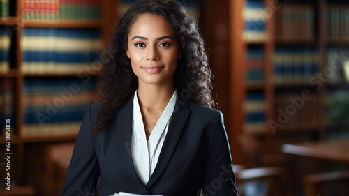 Portrait, lawyer mixed race woman with folder, smile and happy in office workplace. Judge in courtroom. 