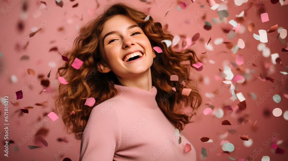 A spirited capture of a student amidst a celebratory moment, perhaps having achieved a milestone, against a vibrant confetti-pink background. celebration, festival, joy of passing. generative AI