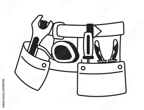 Tools belt on waist black and white 2D cartoon object. Carpenter instruments organizer, handyman pouch isolated vector outline item. Diy repair. Tool storage monochromatic flat spot illustration
