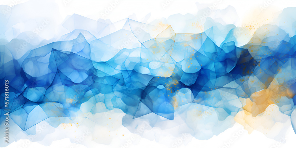 Dark blue watercolor splashes mixed with golden geometrical lines, abstract background - obrazy, fototapety, plakaty 