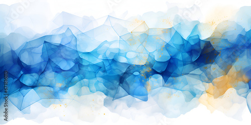 Dark blue watercolor splashes mixed with golden geometrical lines, abstract background