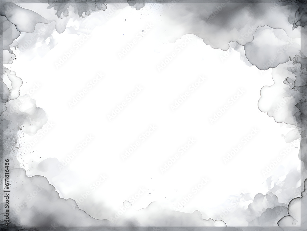 Grey watercolor splashes frame with white copy space for text, abstract background