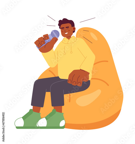 Laughing african american man beanbag chair 2D cartoon character. Tv show host adult black guy holding mic isolated vector person white background. Comedian chuckling color flat spot illustration