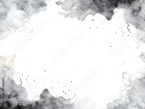 Grey watercolor splashes frame with white copy space for text  abstract background