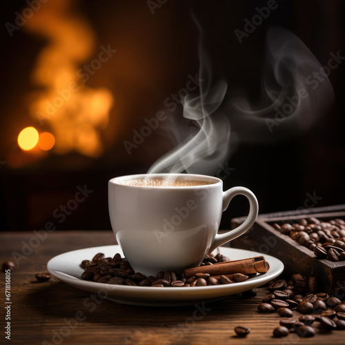 cup of hot coffee and coffee beans on wooden table