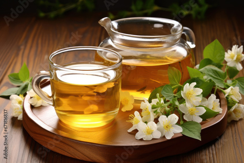 jasmine tea, transparent cup, teapot and flowers on wooden tray