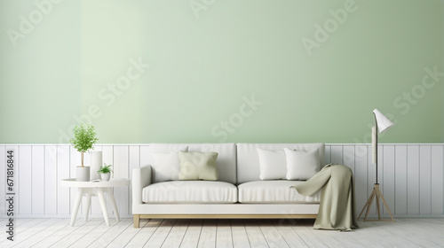 modern living room with pastel green wall, sofa table. interior design in green studio generative ai photo