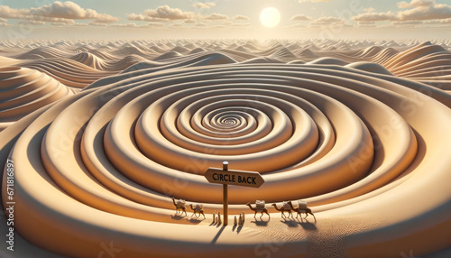 Vast desert with shifting sands forming spirals and patterns. A caravan of travelers, upon reaching the center of a spiral, sees a signpost reading Circle Back, suggesting a return to previous points photo