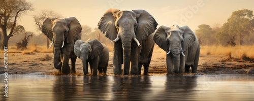 African elephants in the savanna near the river at the watering hole © Jam