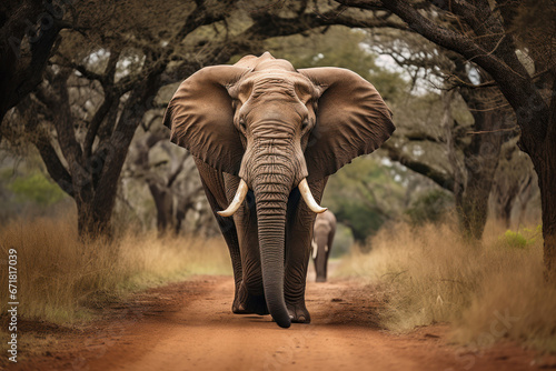 an African elephant with tusks and a long trunk walks on the savannah in the shade of trees