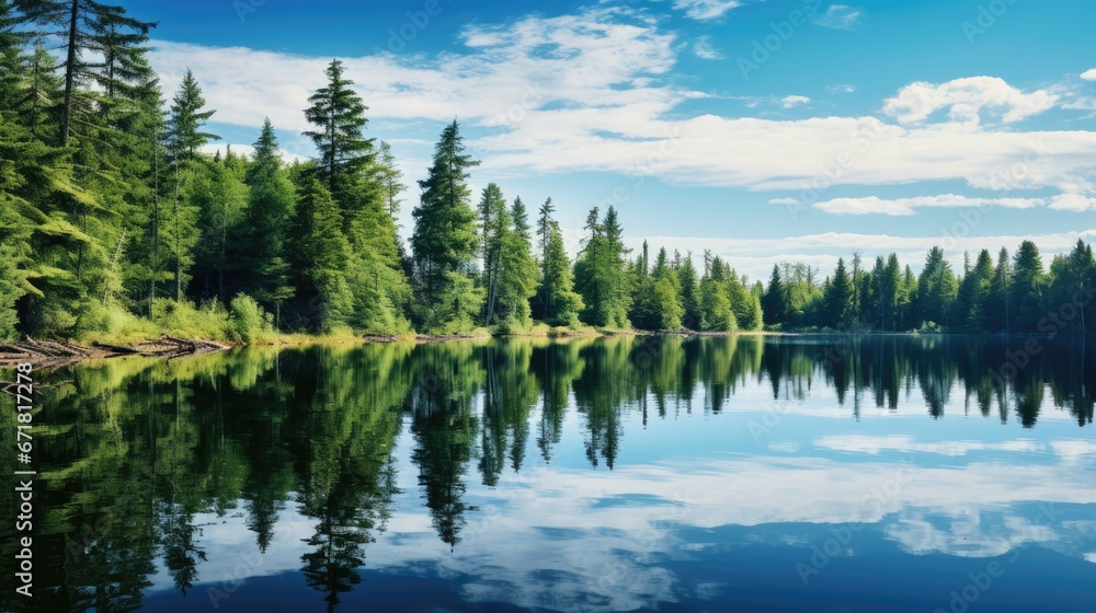  a body of water surrounded by trees and a blue sky with a few puffy white clouds in the sky.  generative ai