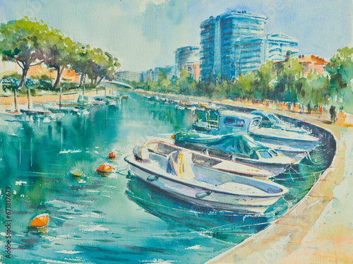 Cityscape of Grado, Italy. View of a canal with motorboats lying on the water. Picture created with watercolors.