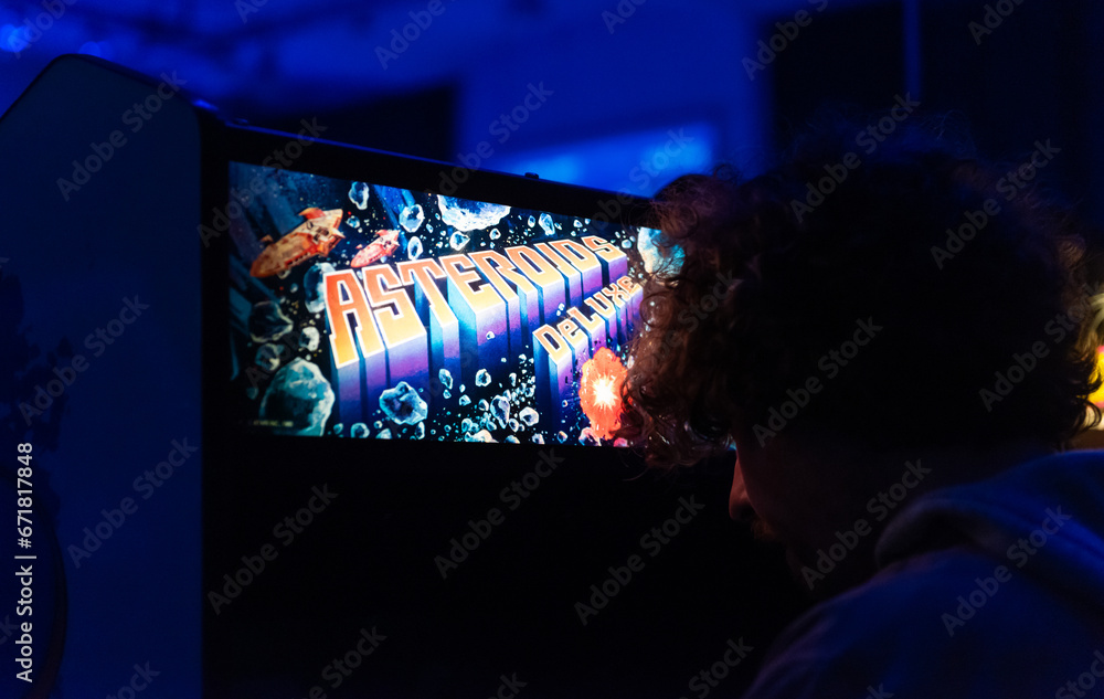 Blackpool, uk, 01.01.2023 A vintage retro asteroids arcade game signage