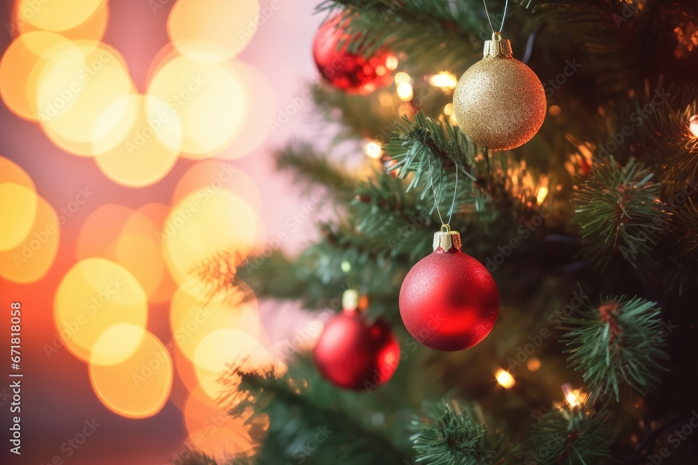Christmas decoration. Red balls hanging on pine branches Christmas tree garland and ornaments over abstract bokeh background with copy space Christmas decoration. Red balls hanging on pine branches Christmas tree garland and ornaments over abstract bokeh background with copy space