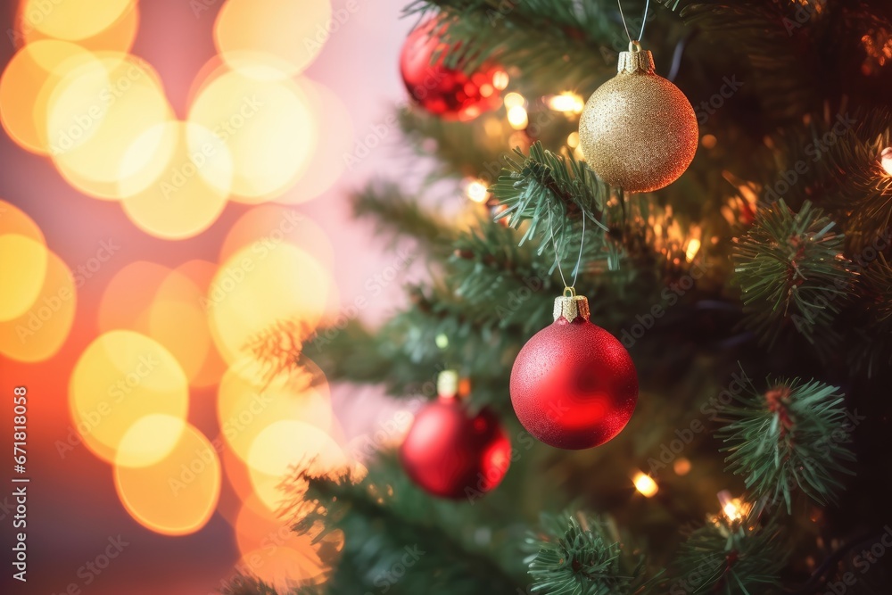 Christmas decoration. Red balls hanging on pine branches Christmas tree garland and ornaments over abstract bokeh background with copy space