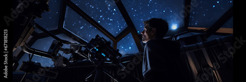 Scientist studying stars for potentially habitable exoplanets with telescope photo