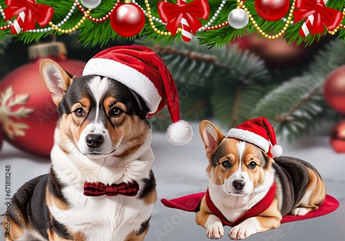 Christmas card featuring a pair of cute Welsh Corgi Cardigan with Christmas clothes on a Christmas background. © Gianpiero