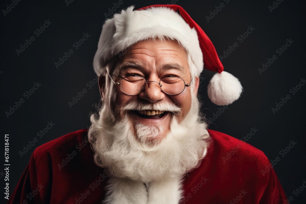 Happy smiling Santa Claus in glasses looking at the camera on a black background Happy smiling Santa Claus in glasses looking at the camera on a black background