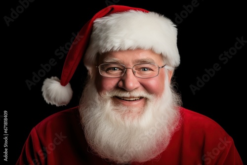Happy smiling Santa Claus in glasses looking at the camera on a black background