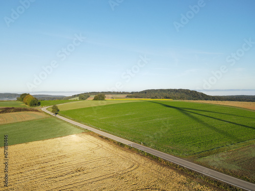 Aerial view of a landscape with agriculture fields and a road on a sunny morning  © Mentor