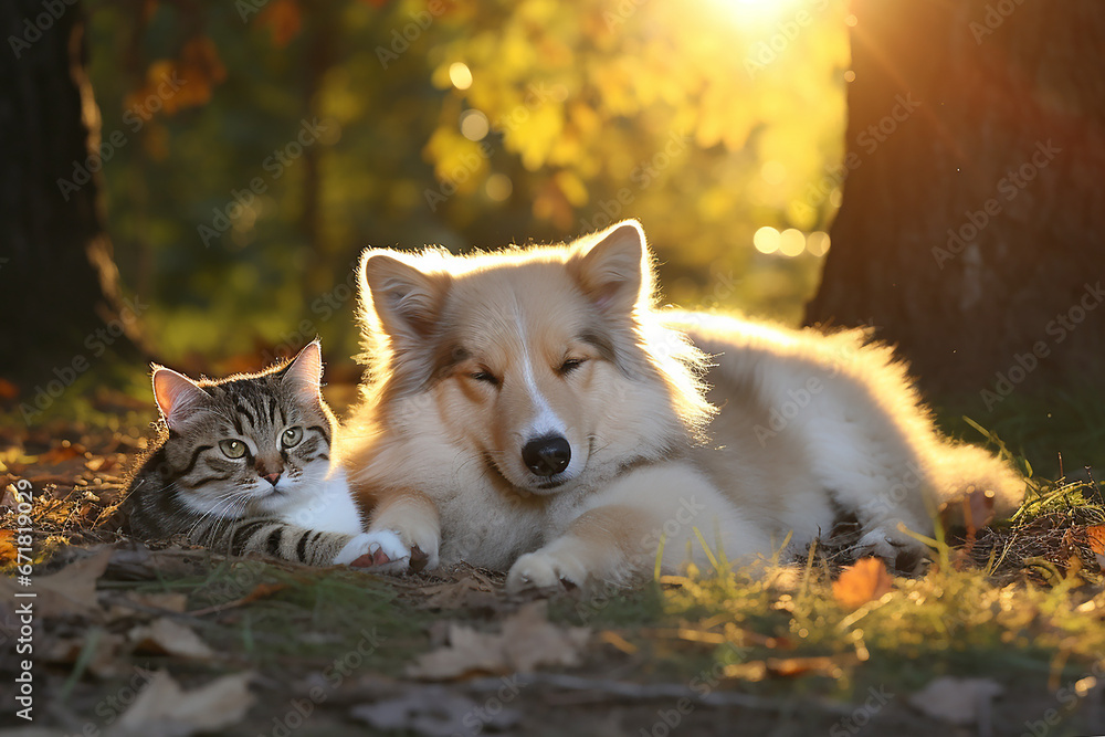 Animal friendship, dog and cat walking together in nature