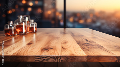 Empty beautiful wood table top counter and blur bokeh modern kitchen interior in clean generative ai