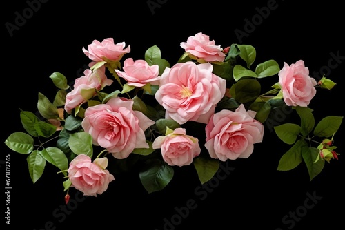 Isolated floral arrangement of small pink roses and green leaves. Generative AI
