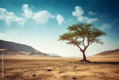 Solitary tree in barren desert with lush green foliage. Generative AI