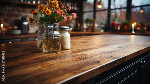 Wood table top on blur kitchen room background .For montage product display. generative ai