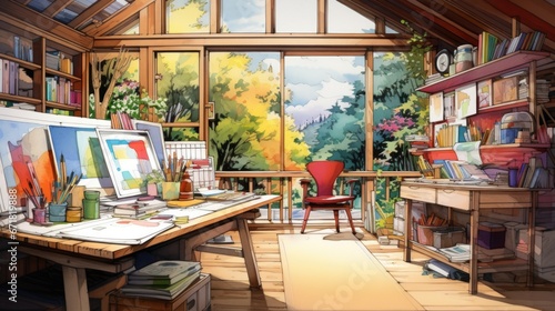 Anime art studio, a lot of space, AI