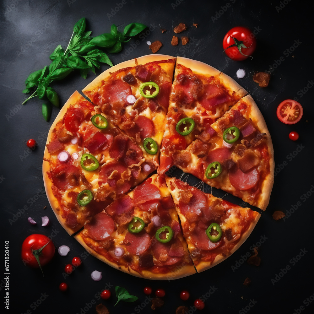 Overhead view of fresh pizza, close up, dark background, copy space Overhead view of fresh pizza, close up, dark background, copy space