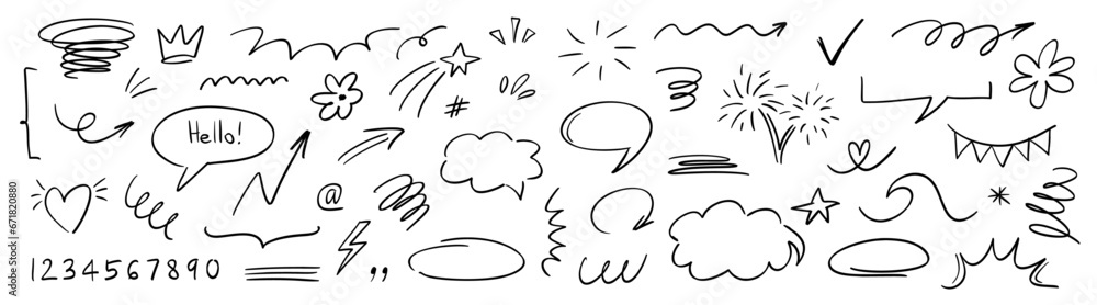 Charcoal pen liner doodle elements, crown, emphasis arrow, speech bubble, scribble. Handdrawn cute cartoon pencil sketches of decorative icons. Vector illustration of cloud, highlight, explosion Charcoal pen liner doodle elements, crown, emphasis arrow, speech bubble, scribble. Handdrawn cute cartoon pencil sketches of decorative icons. Vector illustration of cloud, highlight, explosion