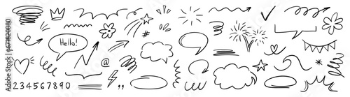Fotografie, Obraz Charcoal pen liner doodle elements, crown, emphasis arrow, speech bubble, scribble