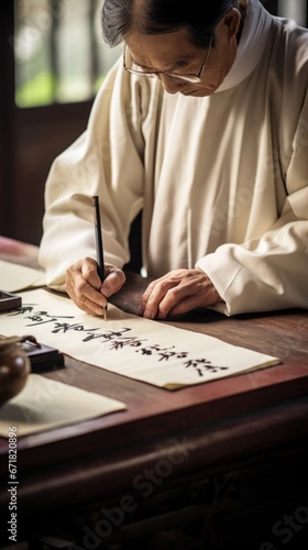 A Japanese calligraph writing hieroglyphs on paper with a brush, AI