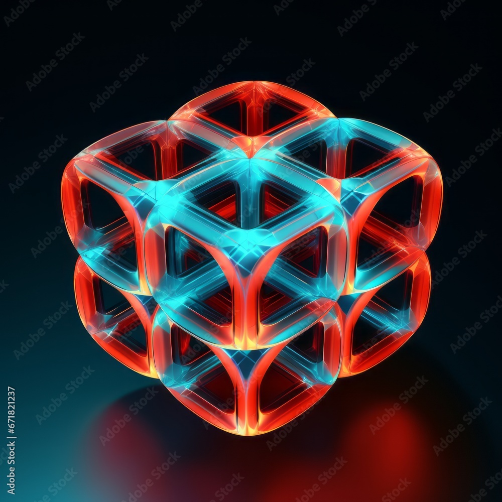 In a light red and dark cyan color scheme, a 3D raytraced hexagon ...