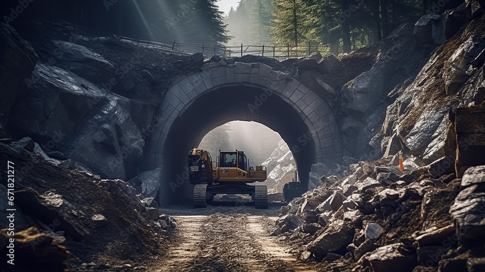 excavator in the mountain drilling making a tunnel excavator in the mountain drilling making a tunnel