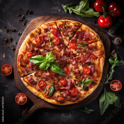 Overhead view of fresh pizza, close up, dark background, copy space