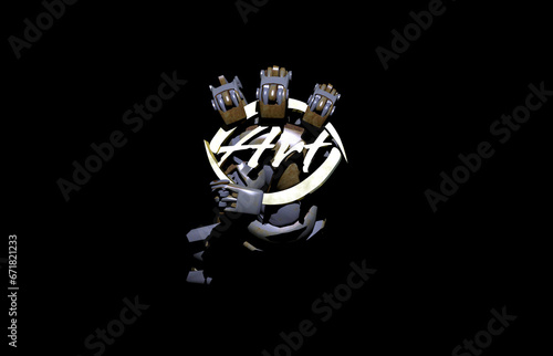 3D Illustration rendering image of a robot hand holding a metallic blank emblem logo on a black background with the reflection of a metallic structure.