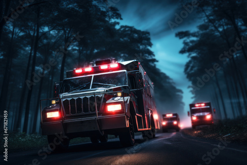 A medical convoy transporting critical supplies to areas hit hardest by a pandemic. Generative Ai. photo