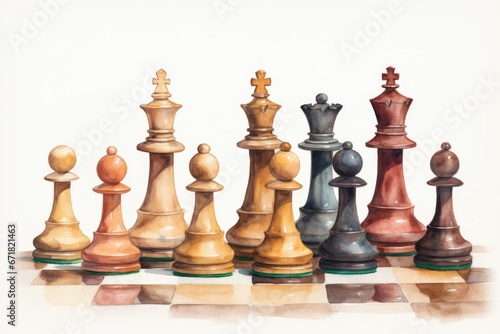 Watercolor chess composition with chessboard  pawns  king and queen  background for tournaments  check and checkmate.