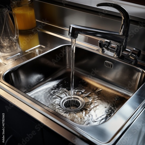 A modern stainless steel sink is installed in a clean and spacious kitchen, with running water flowing from the faucet.