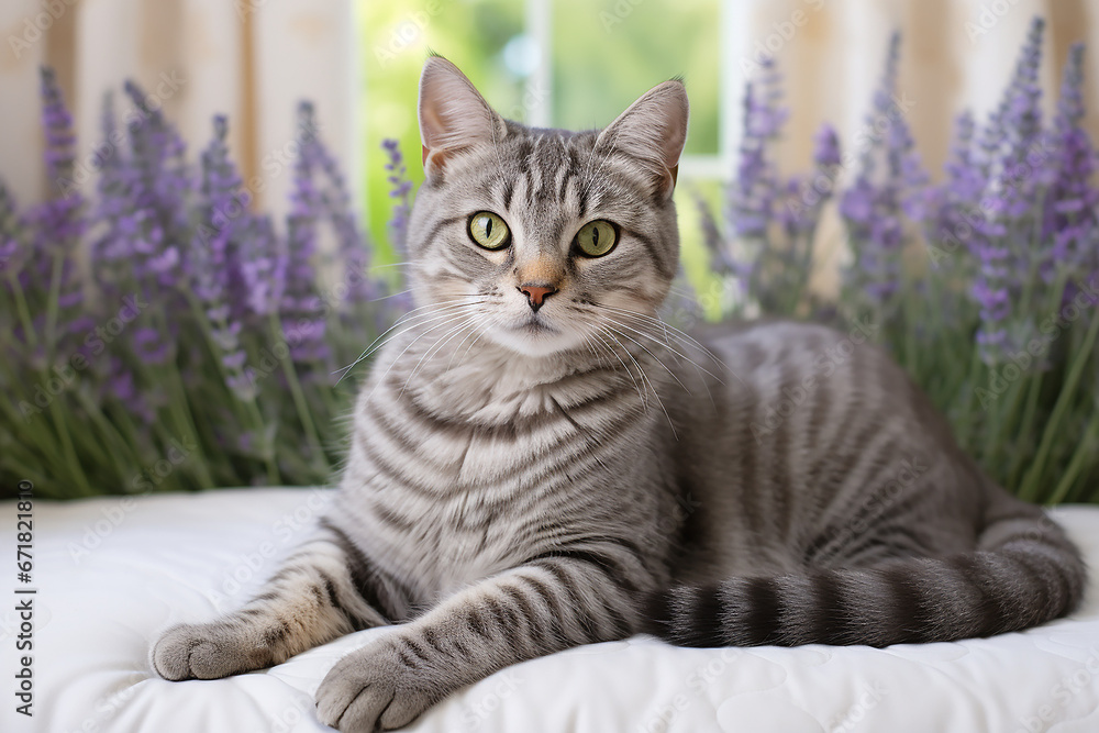 Gray tabby cat lying on a white blanket with lavender in the background Gray tabby cat lying on a white blanket with lavender in the background