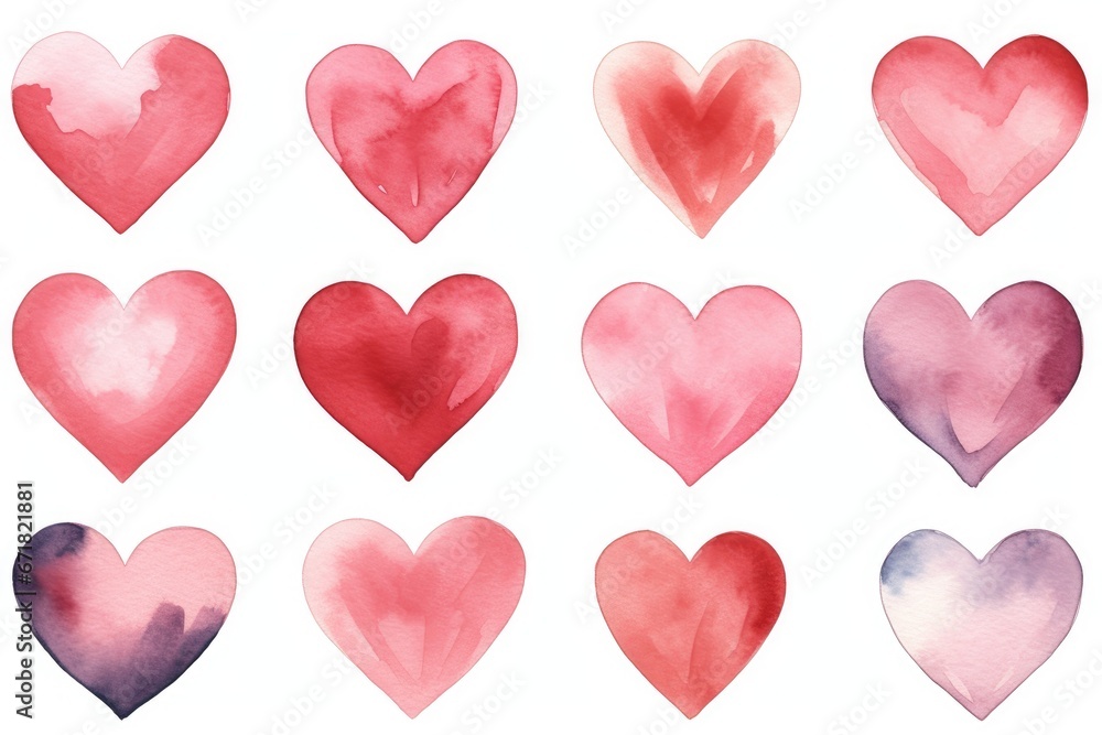 Set of watercolor hearts in the same style in a delicate red and pink palette for Valentine's Day.